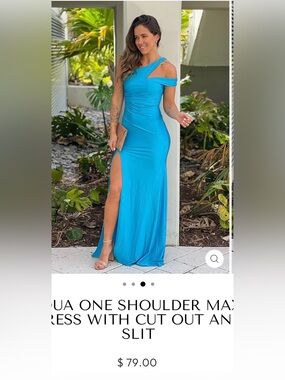 One-Shoulder Blue Maxi Dress with Thigh Slit